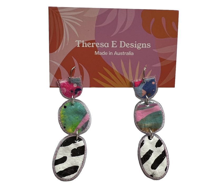 Theresa E Designs dangles | Three tier PVC earrings - black/green/pink