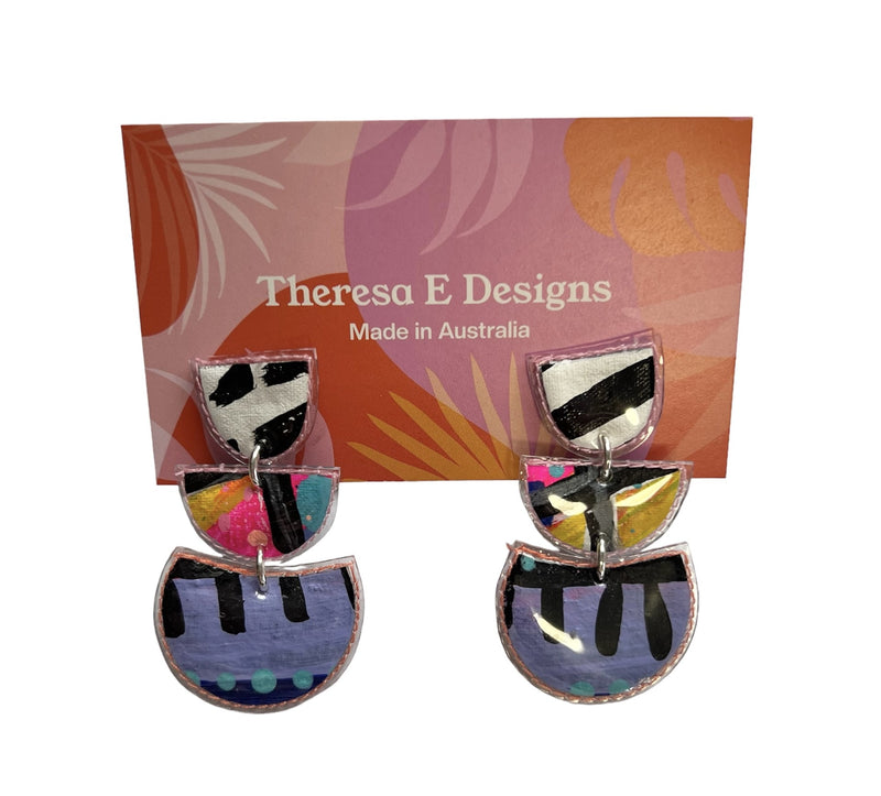Theresa E Designs dangles | Three tier semi circle PVC earrings - black/purple/white