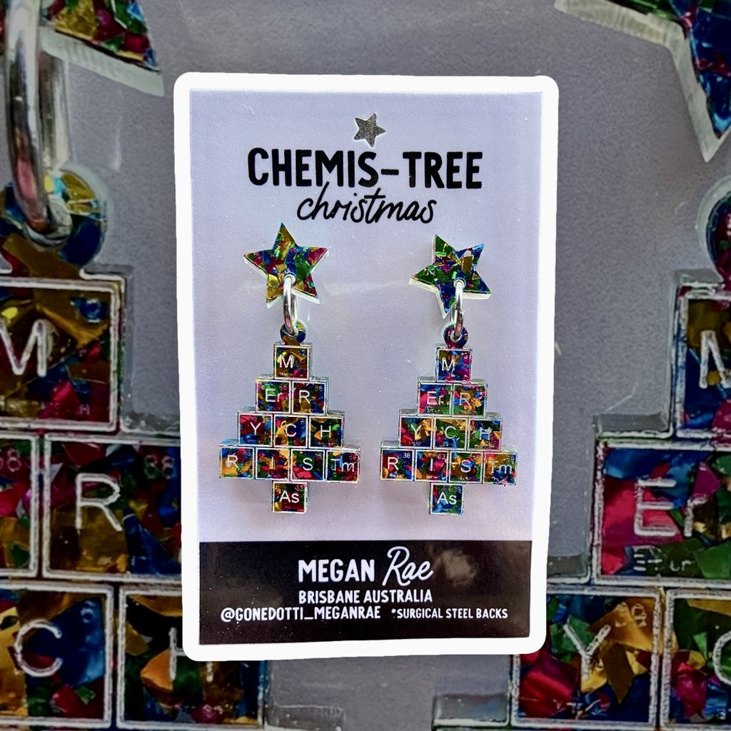 Megan Rae | CHEMIS-TREE Christmas Periodic Table EARRINGS - Multi Colour Rainbow