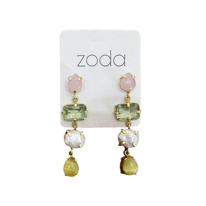 Zoda Dangles | Goddess Stone Earring - Pink, Pearl and Green