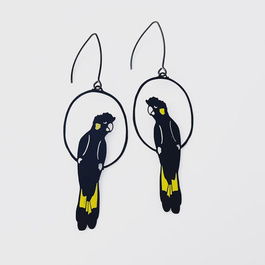 Denz | Yellow Tailed Black Cockatoo earrings in Black/Yellow