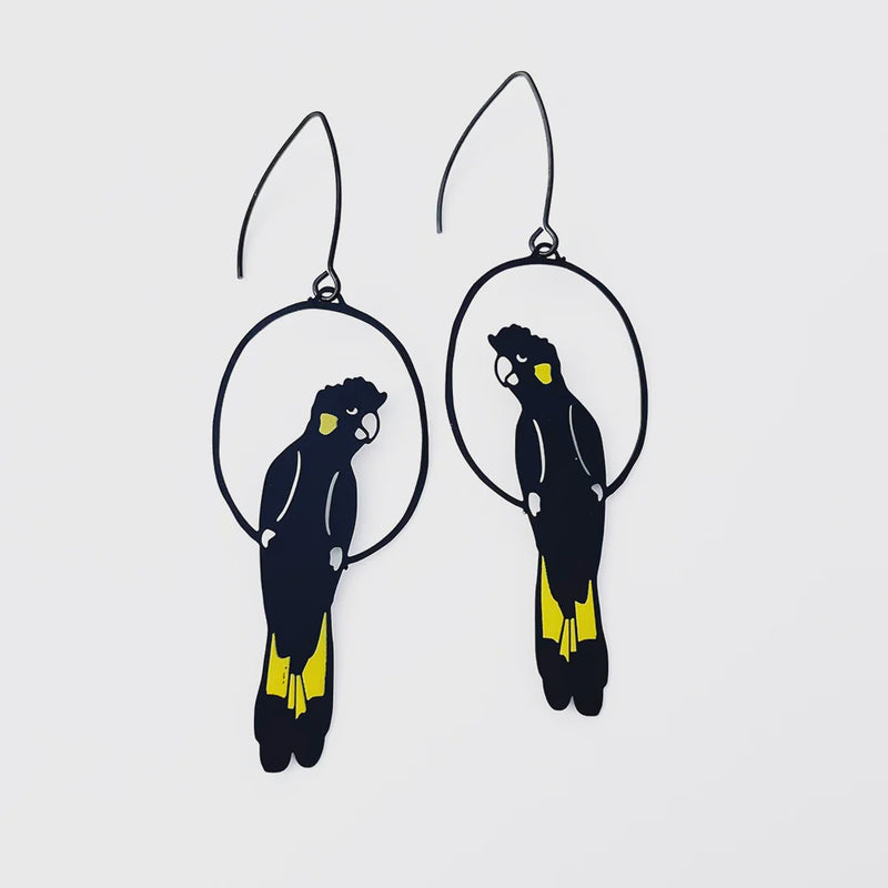 Denz | Yellow Tailed Black Cockatoo earrings in Black/Yellow