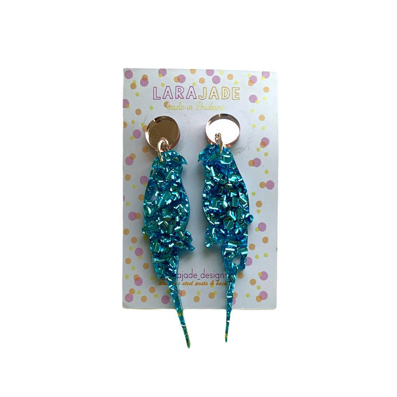 Lara Jade | Blue Glitter Budgie Earrings