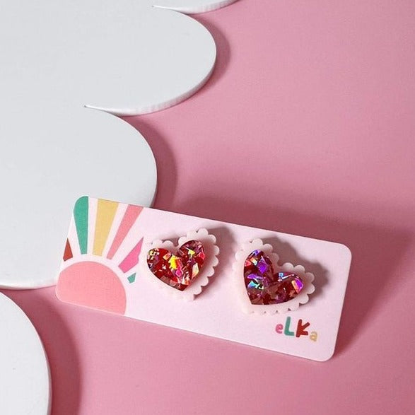 Elka | Frilly Heart Studs - Pink/Pink Glitter