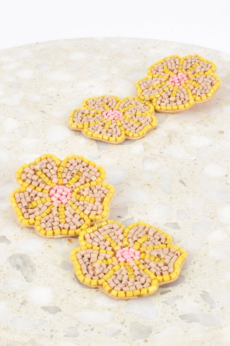 Adorne | Beaded Duo Floral Drop Earrings | Nude/Yellow