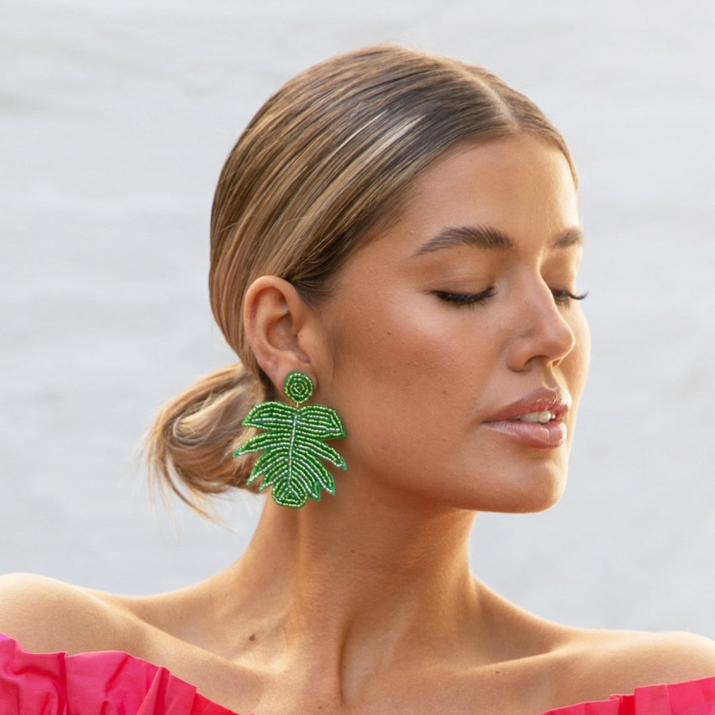 Green Monstera Bead Earrings | Formal by Adorne