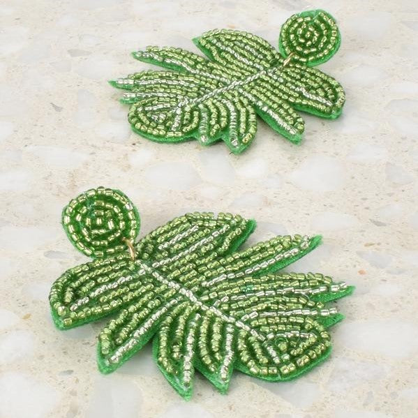 Green Monstera Bead Earrings | Formal by Adorne