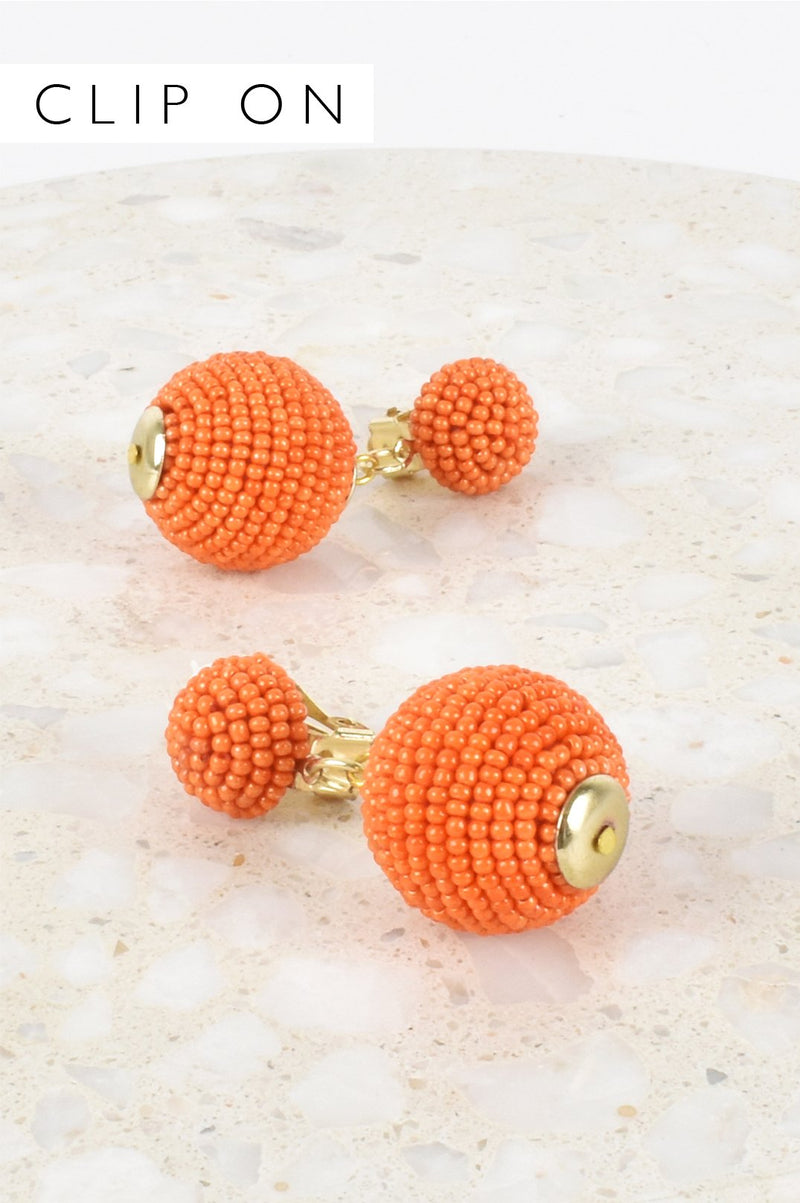 Adorne | Beaded Ball Drop Clip On Earrings | Orange