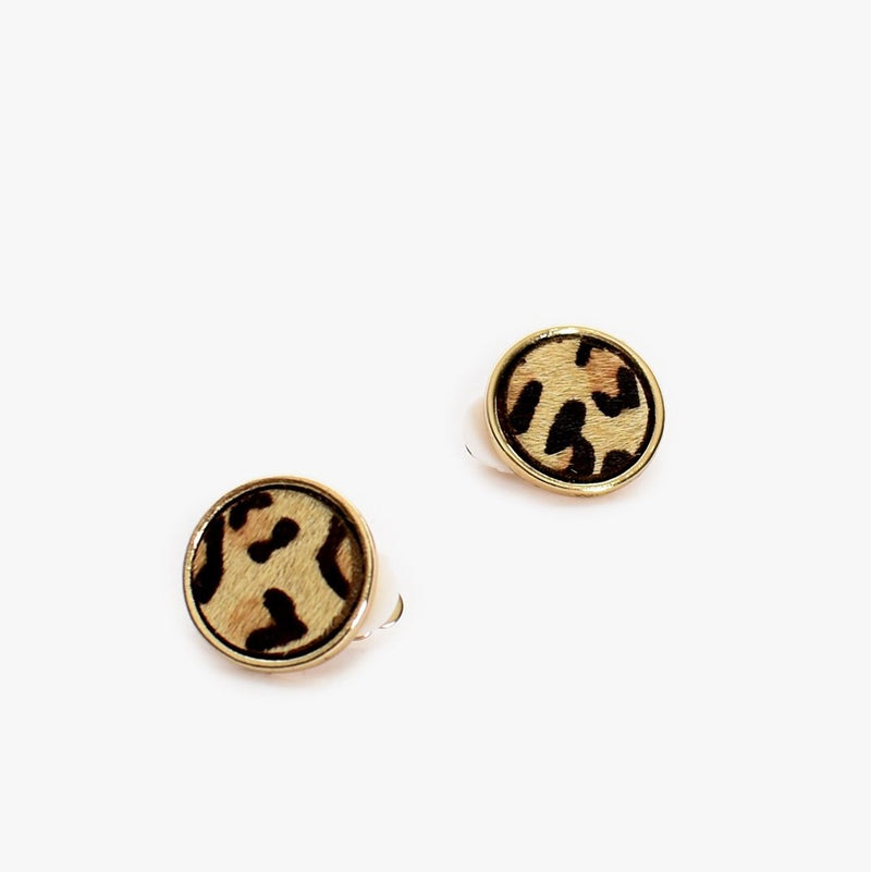 Adorne | Hide Button Clip On Earrings (Leopard Print)