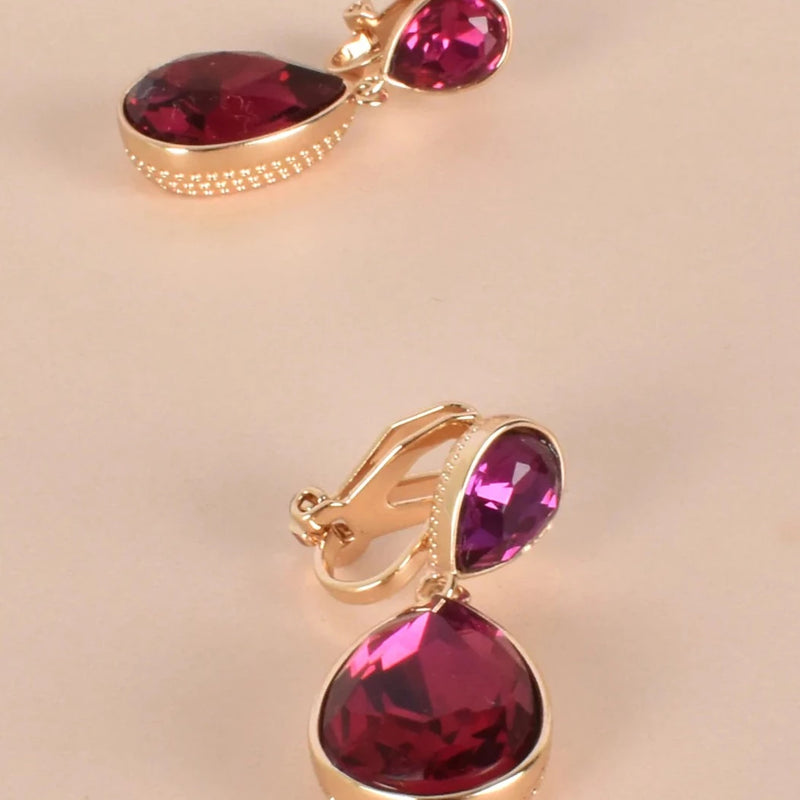 Adorne | CLIP ON Jewelled Teardrop Earrings (Hot Pink/Gold)