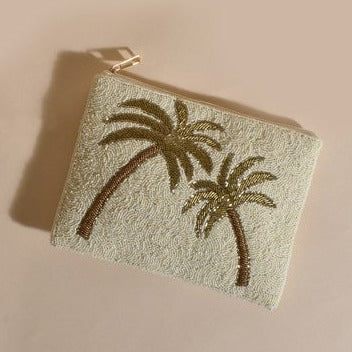 Adorne | Beaded Palm Front Zip Top Clutch