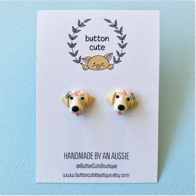 Button Cute | Labrador with Flower Crown Studs