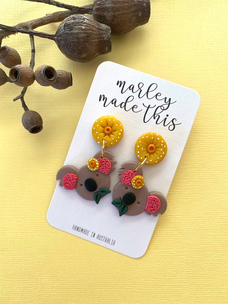Marley Made This | Koala and Yellow Gum Blossom statement dangles