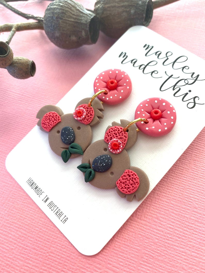 Marley Made This | Koala and Pink Gum Blossom statement dangles