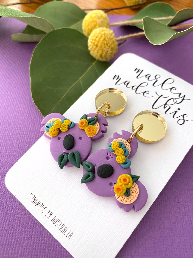 Marley Made This | Australian 'Gum Blossom' Purple Koala Polymer Clay Earring Dangles Acrylic Mirror Tops