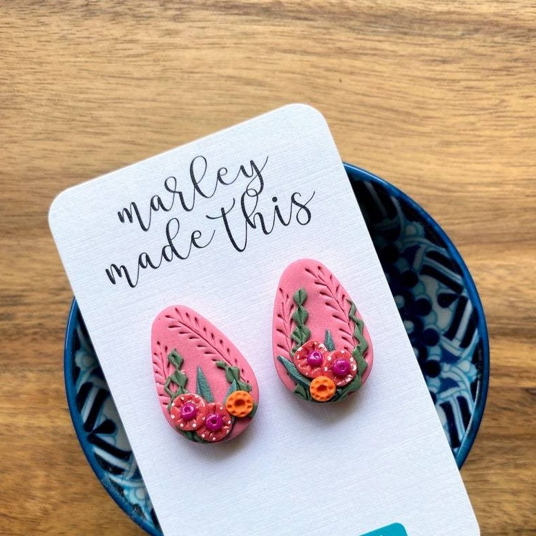 Marley Made This | Native Australian Floral on Pink Base - Polymer Clay Studs