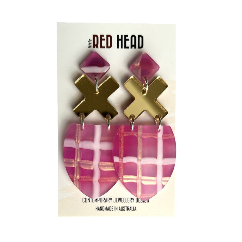 Little Red Head | Pink, Gold & White Criss Cross Earrings