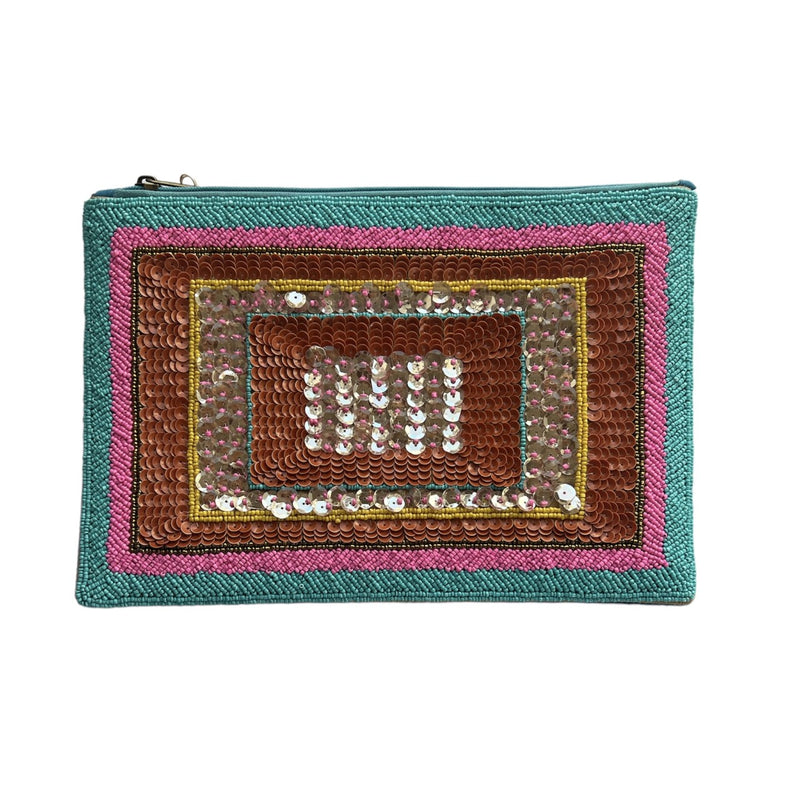 Adorne | Beaded Clutch - Blue/pink/tan