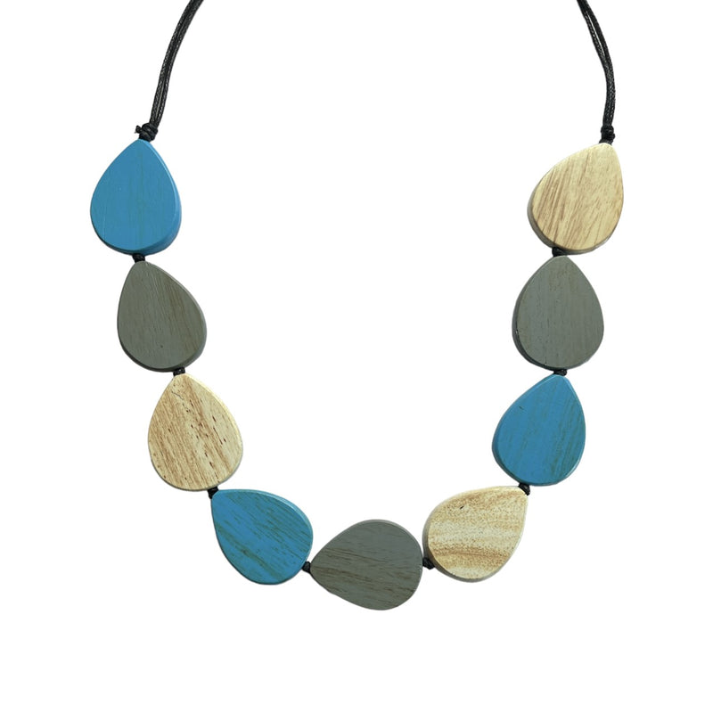 TID |  Wooden Teardrop Necklace - Blue/Grey/Ivory