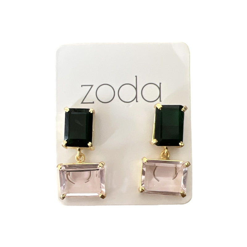 Zoda Earrings | Dark Emerald and Light Pink Crystal Drops